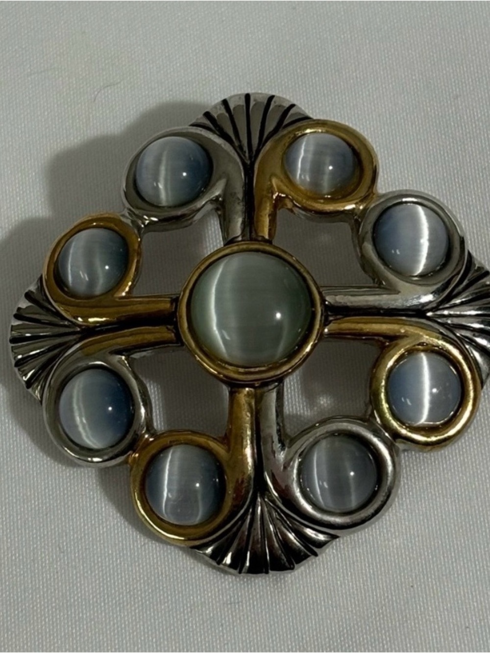 Vintage Brutalist Mixed Metal Moonstone Brooch Pin Celtic Renaissance Revival